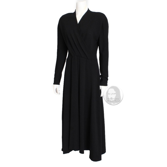 Vintage Black Wool Dress 80s Big Shoulders Cinched Waist Flowing Skirt LBD M/L - Picture 5 of 7